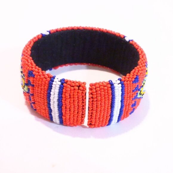 African Inspired Orange Seed Bead Vintage Cuff Bracelet - Picture 3 of 5